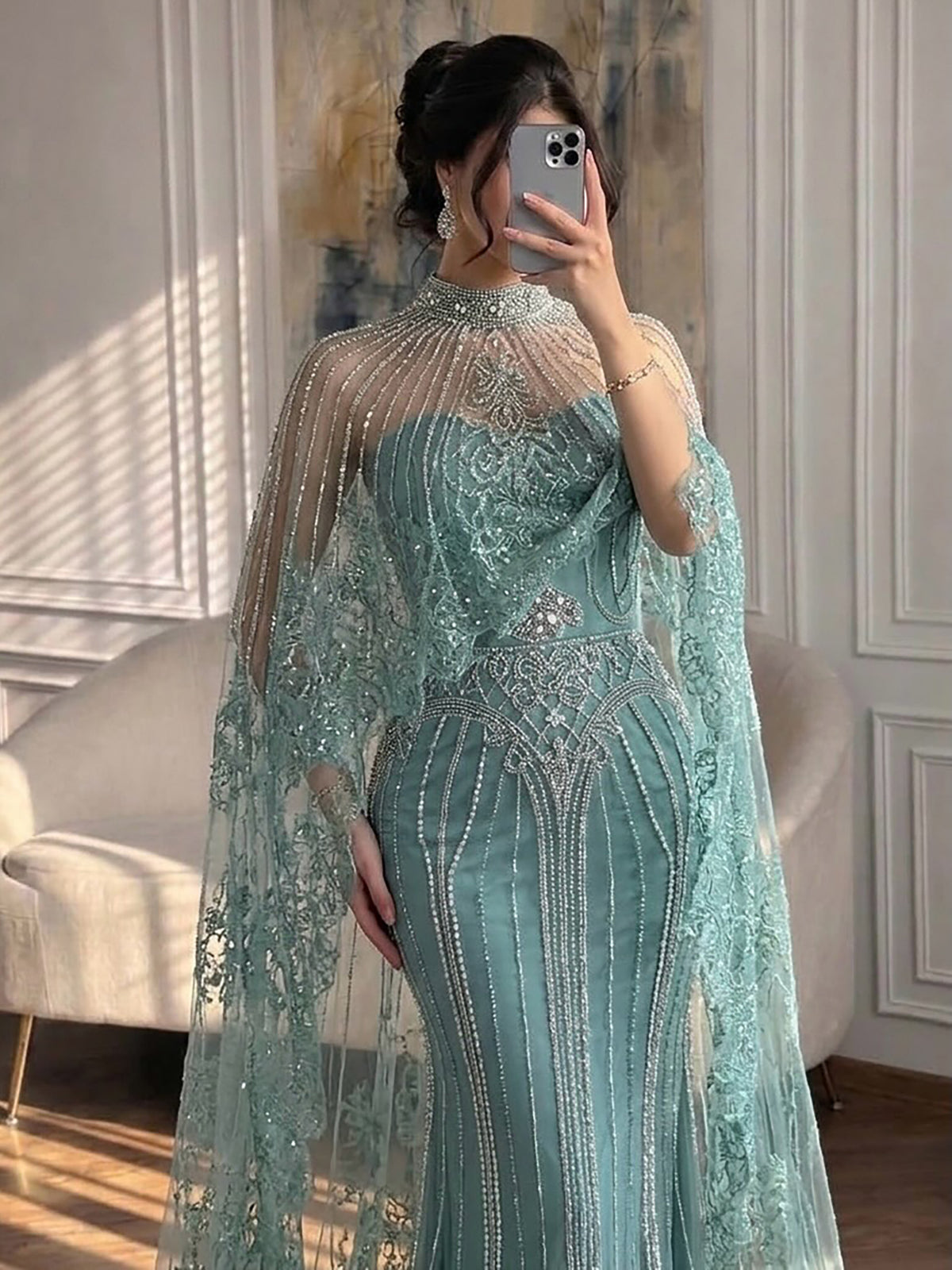 Luxury Nude Crystal Beaded High Neck Evening Dress with Long Cape LA73534