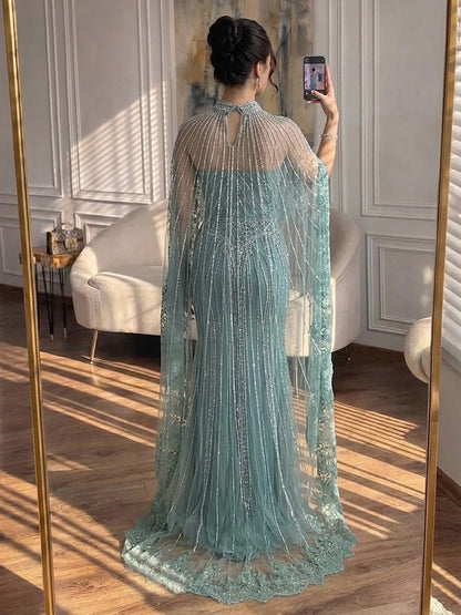 Luxury Nude Crystal Beaded High Neck Evening Dress with Long Cape LA73534