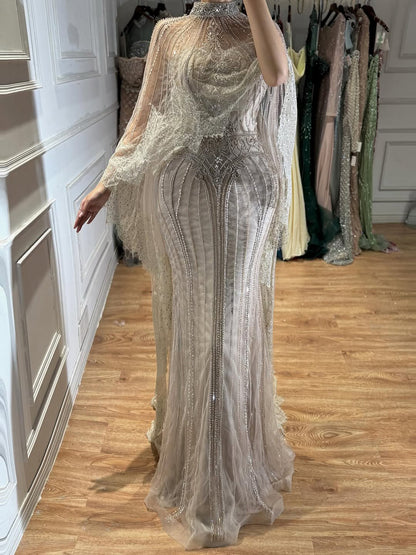 Luxury Nude Crystal Beaded High Neck Evening Dress with Long Cape LA73534