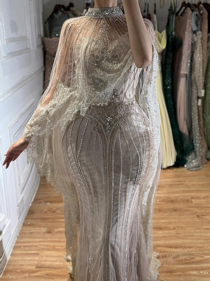 Luxury Nude Crystal Beaded High Neck Evening Dress with Long Cape LA73534