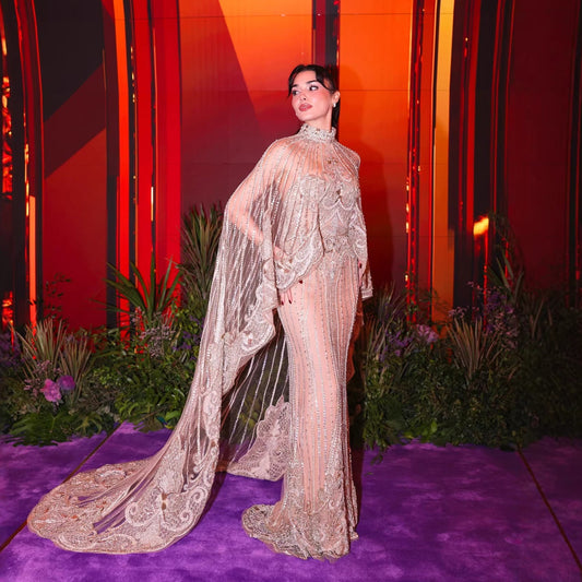 Luxury Nude Crystal Beaded High Neck Evening Dress with Long Cape LA73534