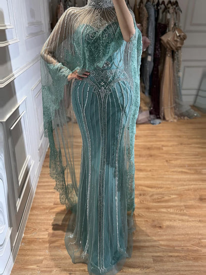 Luxury Nude Crystal Beaded High Neck Evening Dress with Long Cape LA73534