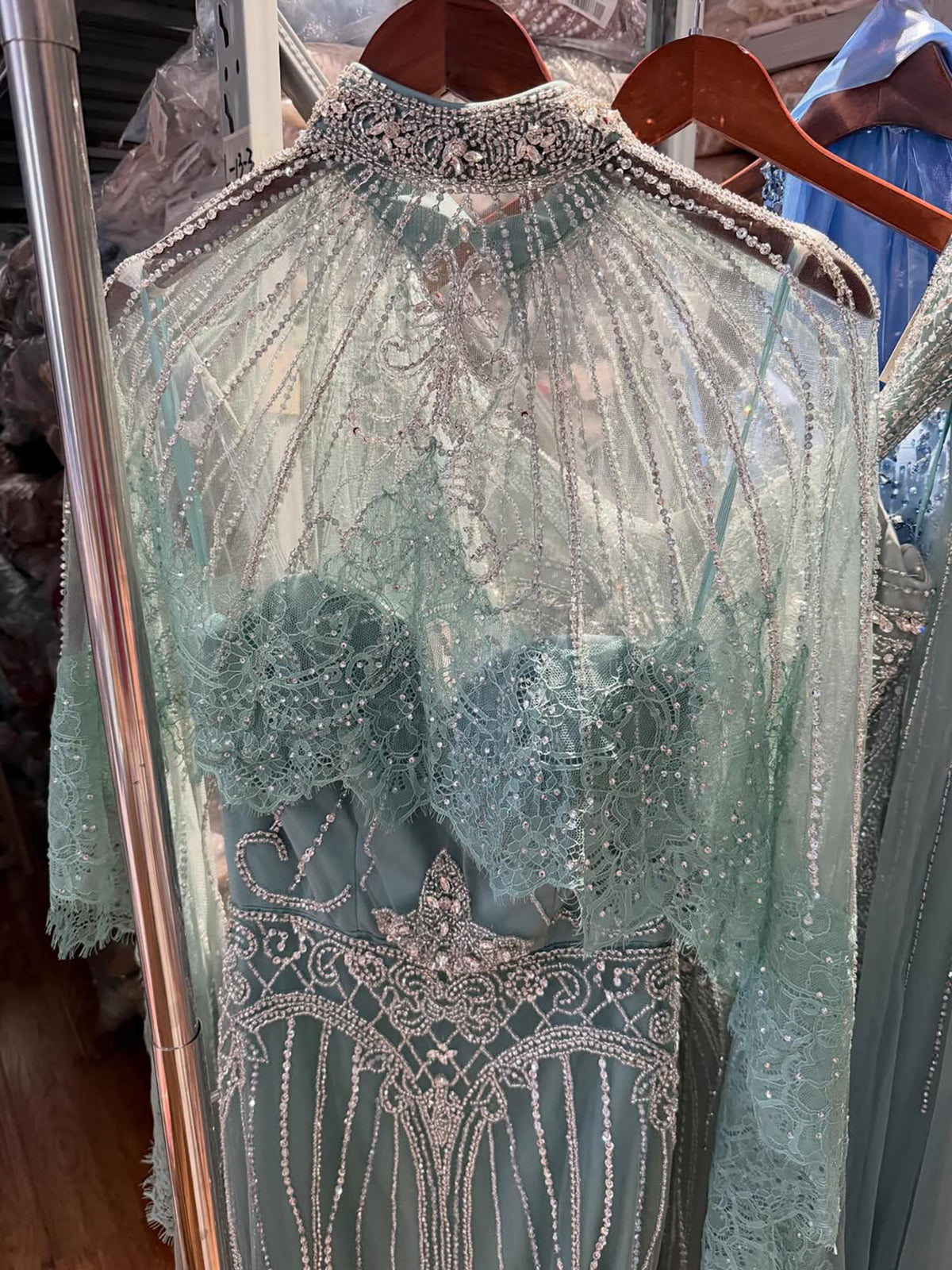 Luxury Nude Crystal Beaded High Neck Evening Dress with Long Cape LA73534