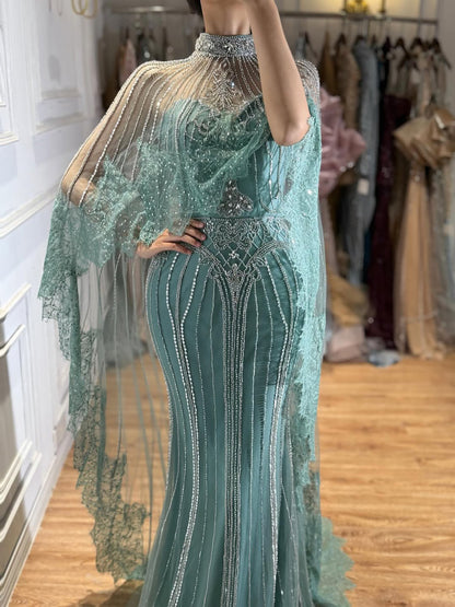 Luxury Nude Crystal Beaded High Neck Evening Dress with Long Cape LA73534
