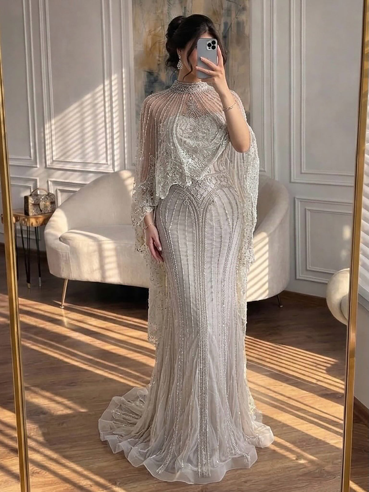 Luxury Nude Crystal Beaded High Neck Evening Dress with Long Cape LA73534