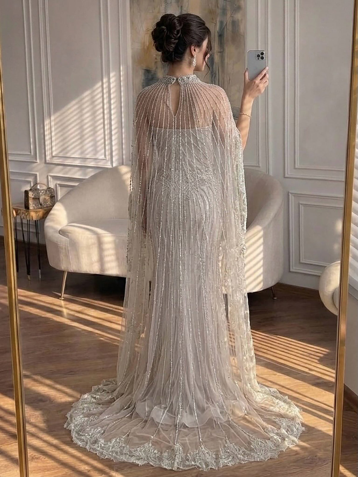 Luxury Nude Crystal Beaded High Neck Evening Dress with Long Cape LA73534