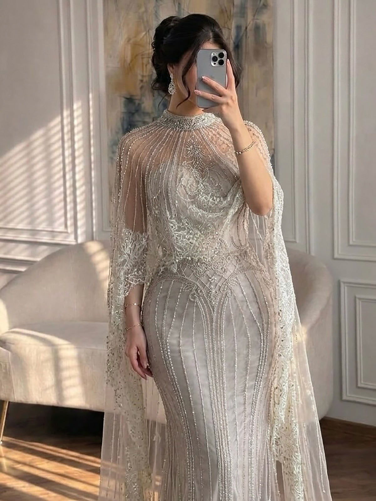 Luxury Nude Crystal Beaded High Neck Evening Dress with Long Cape LA73534