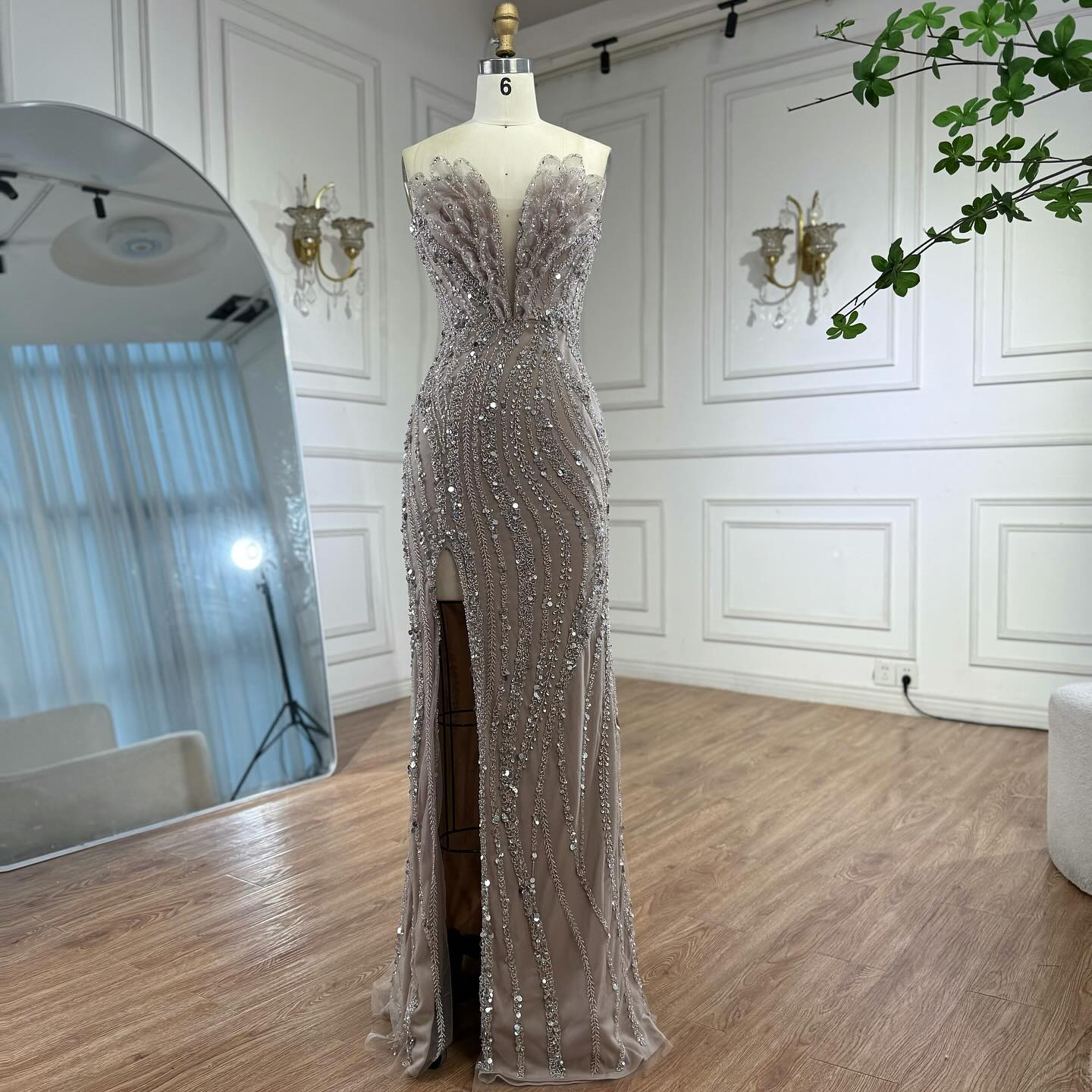Luxury Caramel Beaded Mermaid Slit Evening Dress LA73535