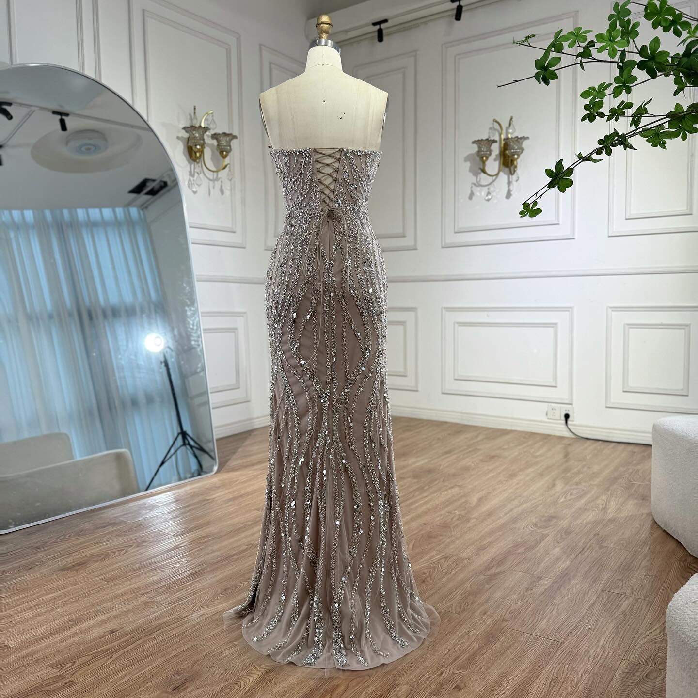 Luxury Caramel Beaded Mermaid Slit Evening Dress LA73535