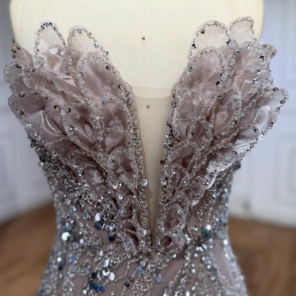 Luxury Caramel Beaded Mermaid Slit Evening Dress LA73535