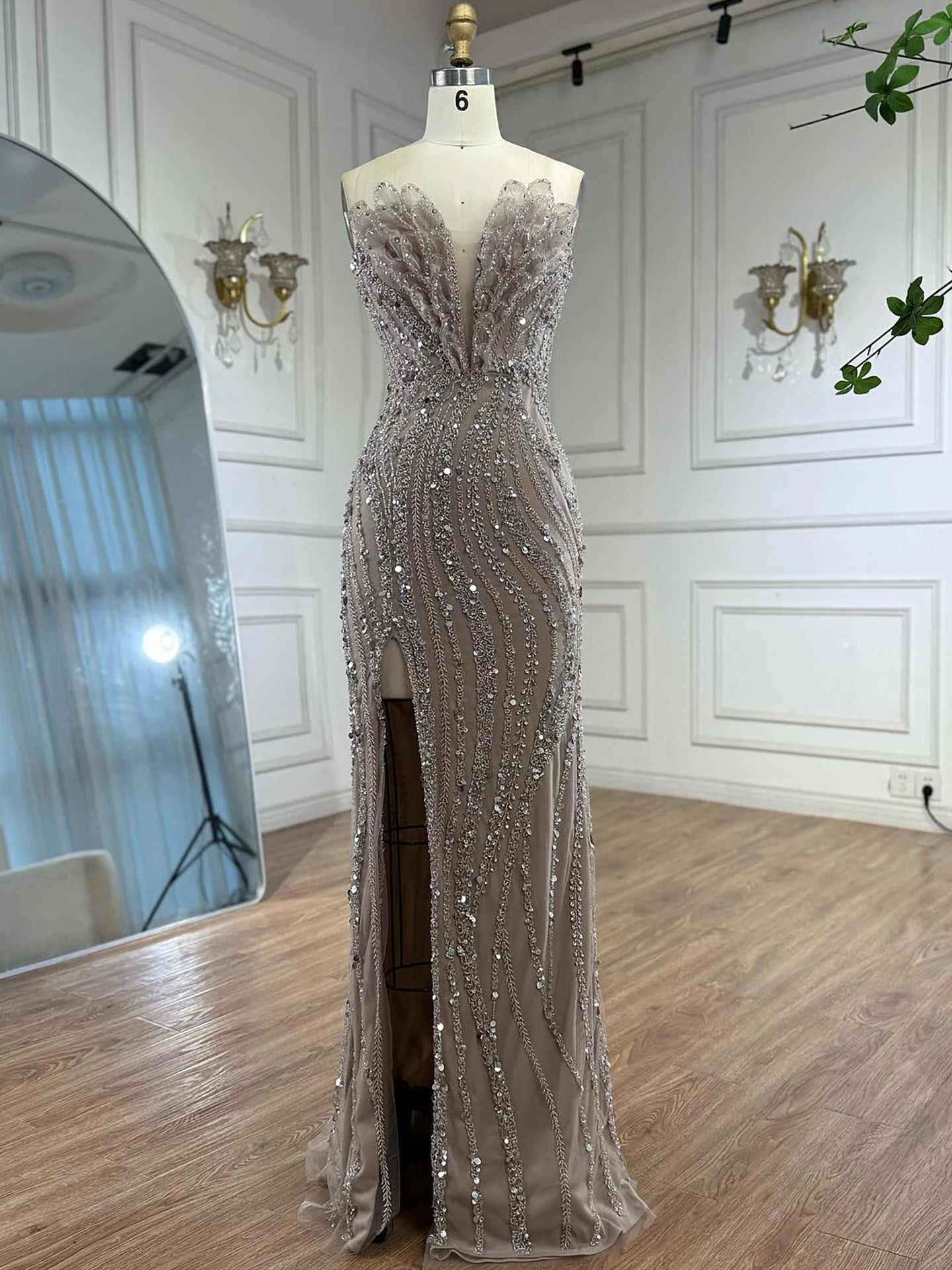 Luxury Caramel Beaded Mermaid Slit Evening Dress LA73535