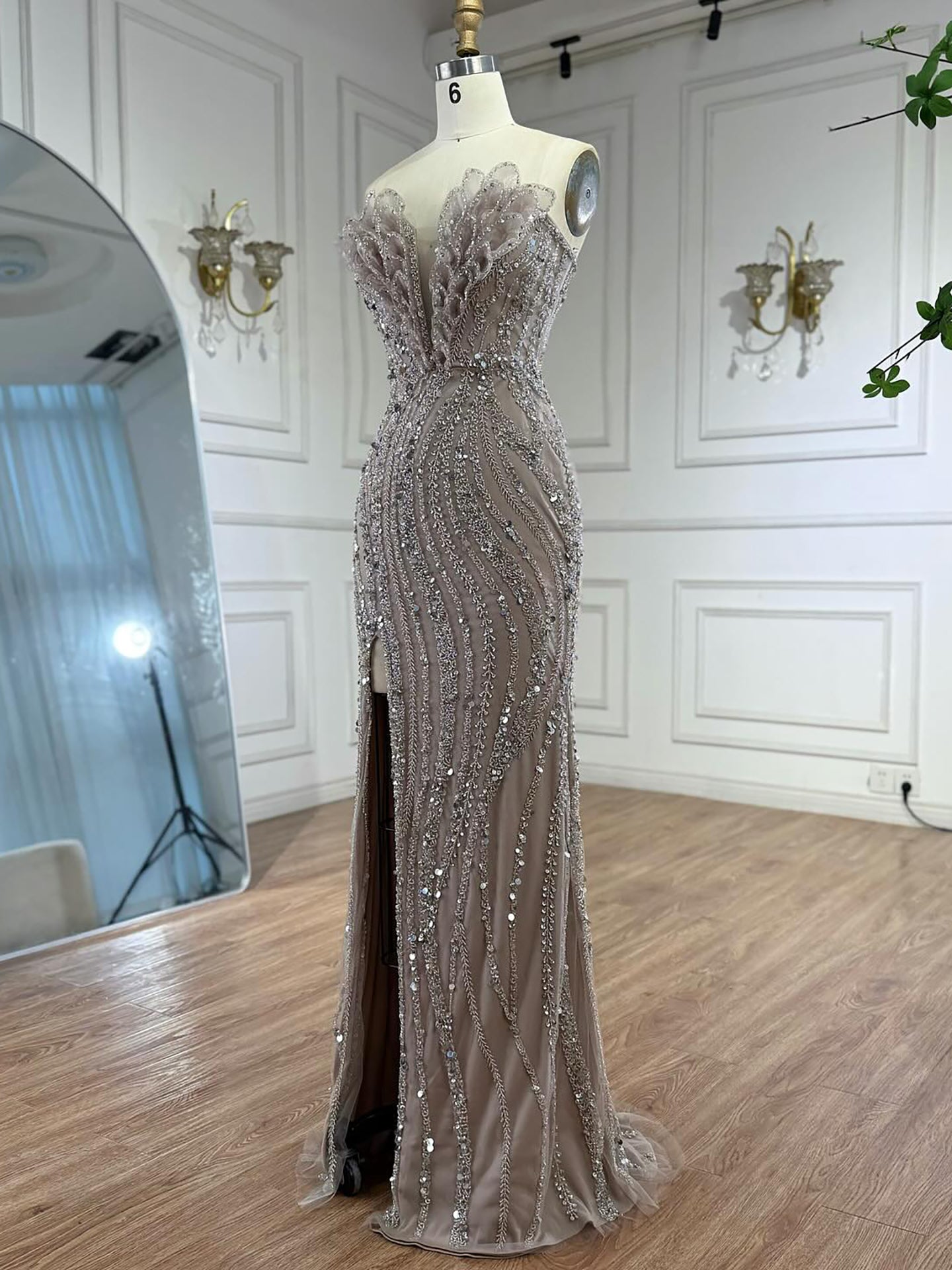 Luxury Caramel Beaded Mermaid Slit Evening Dress LA73535