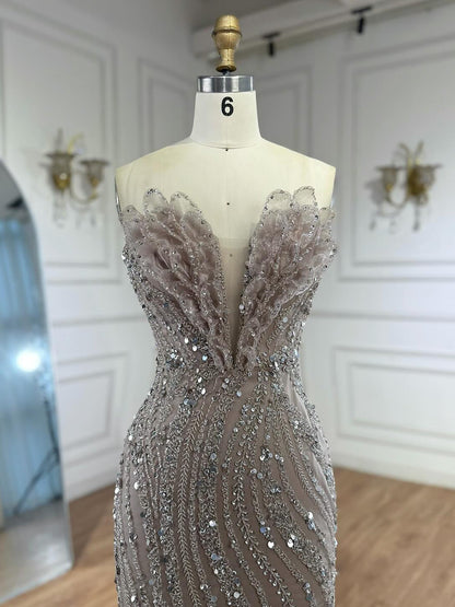 Luxury Caramel Beaded Mermaid Slit Evening Dress LA73535