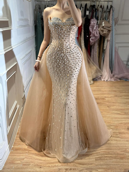 Luxury Nude Beaded Mermaid Dress with Overskirt LA73536