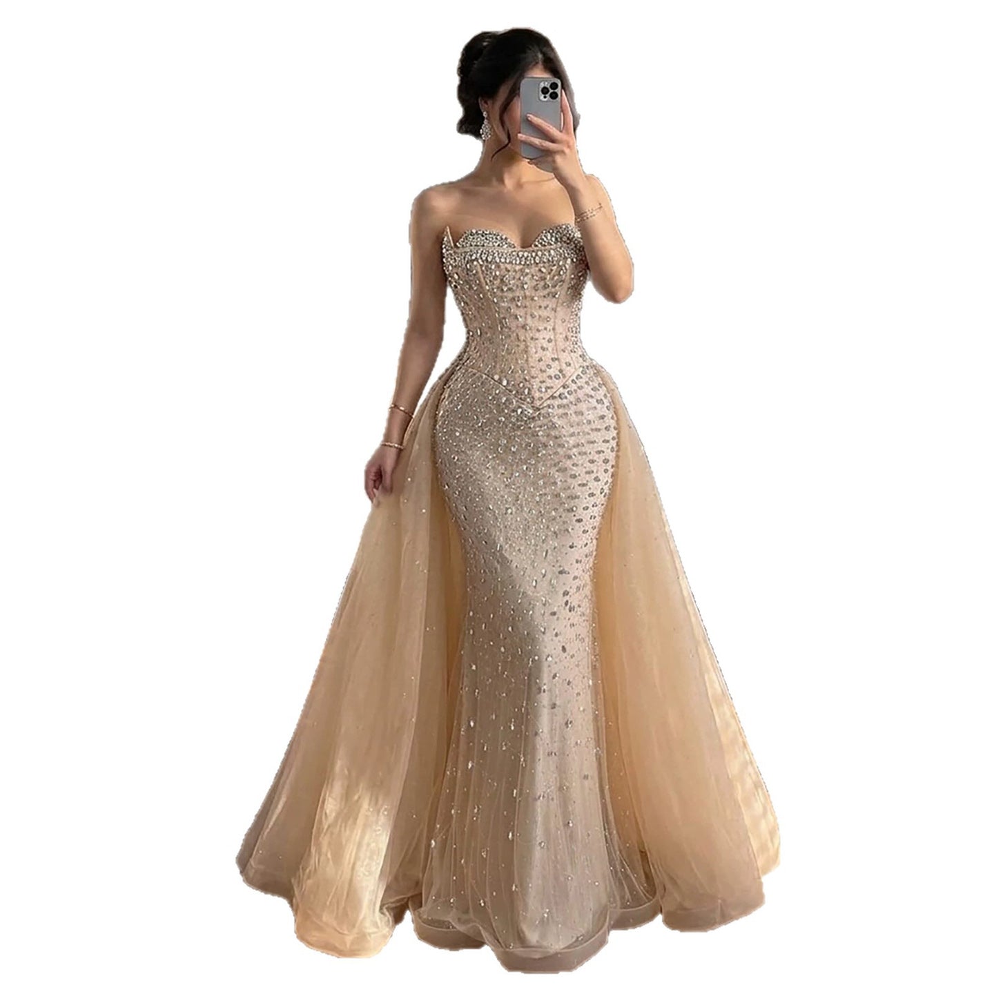 Luxury Nude Beaded Mermaid Dress with Overskirt LA73536