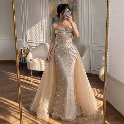Luxury Nude Beaded Mermaid Dress with Overskirt LA73536