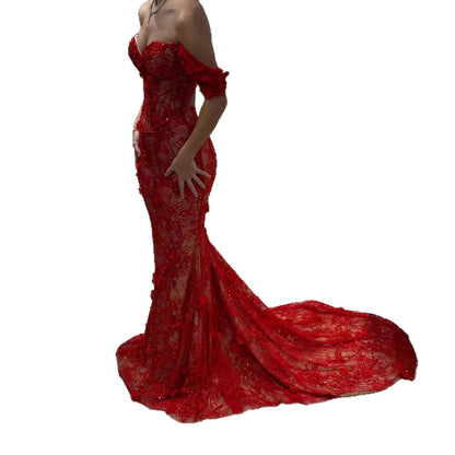 Luxury Stunning Glory Red Strapless 3D Floral Maxi Dress LA73537