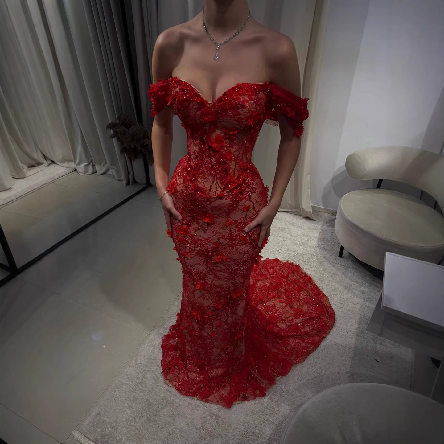 Luxury Stunning Glory Red Strapless 3D Floral Maxi Dress LA73537