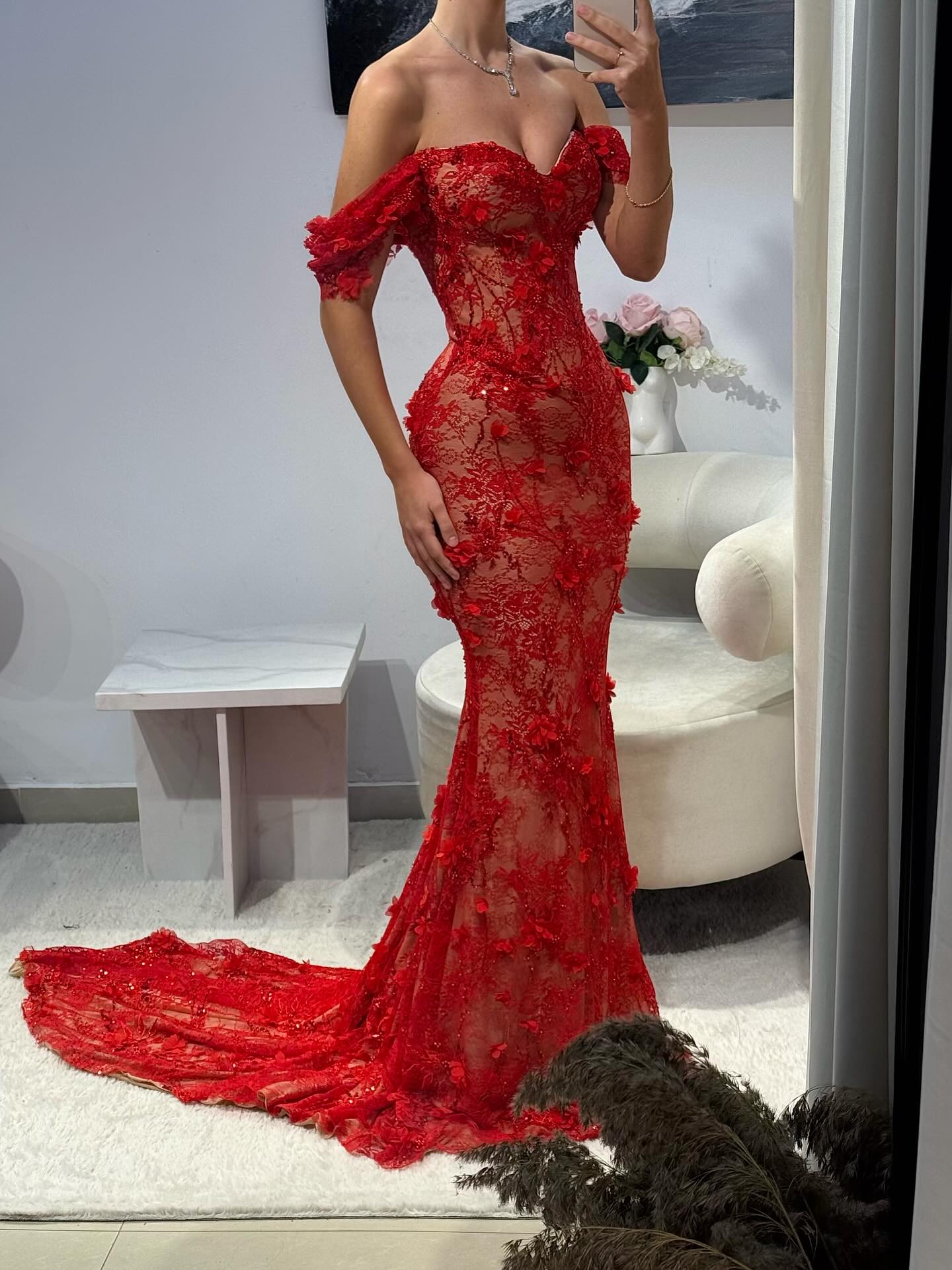 Luxury Stunning Glory Red Strapless 3D Floral Maxi Dress LA73537