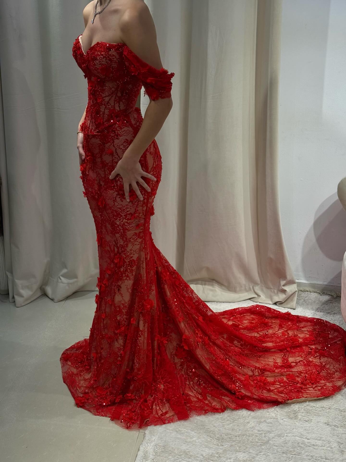 Luxury Stunning Glory Red Strapless 3D Floral Maxi Dress LA73537