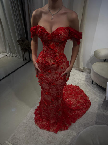 Luxury Stunning Glory Red Strapless 3D Floral Maxi Dress LA73537