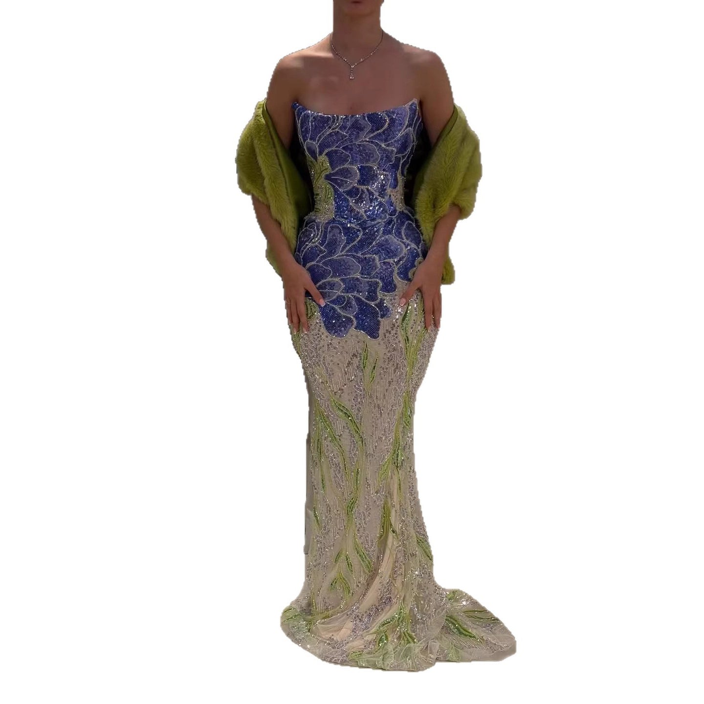 Luxury Blue Strapless Beaded Mermaid Evening Dress LA73538