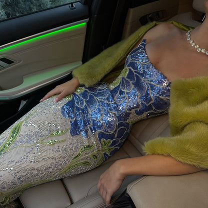 Luxury Blue Strapless Beaded Mermaid Evening Dress LA73538