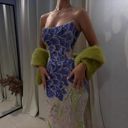 Luxury Blue Strapless Beaded Mermaid Evening Dress LA73538