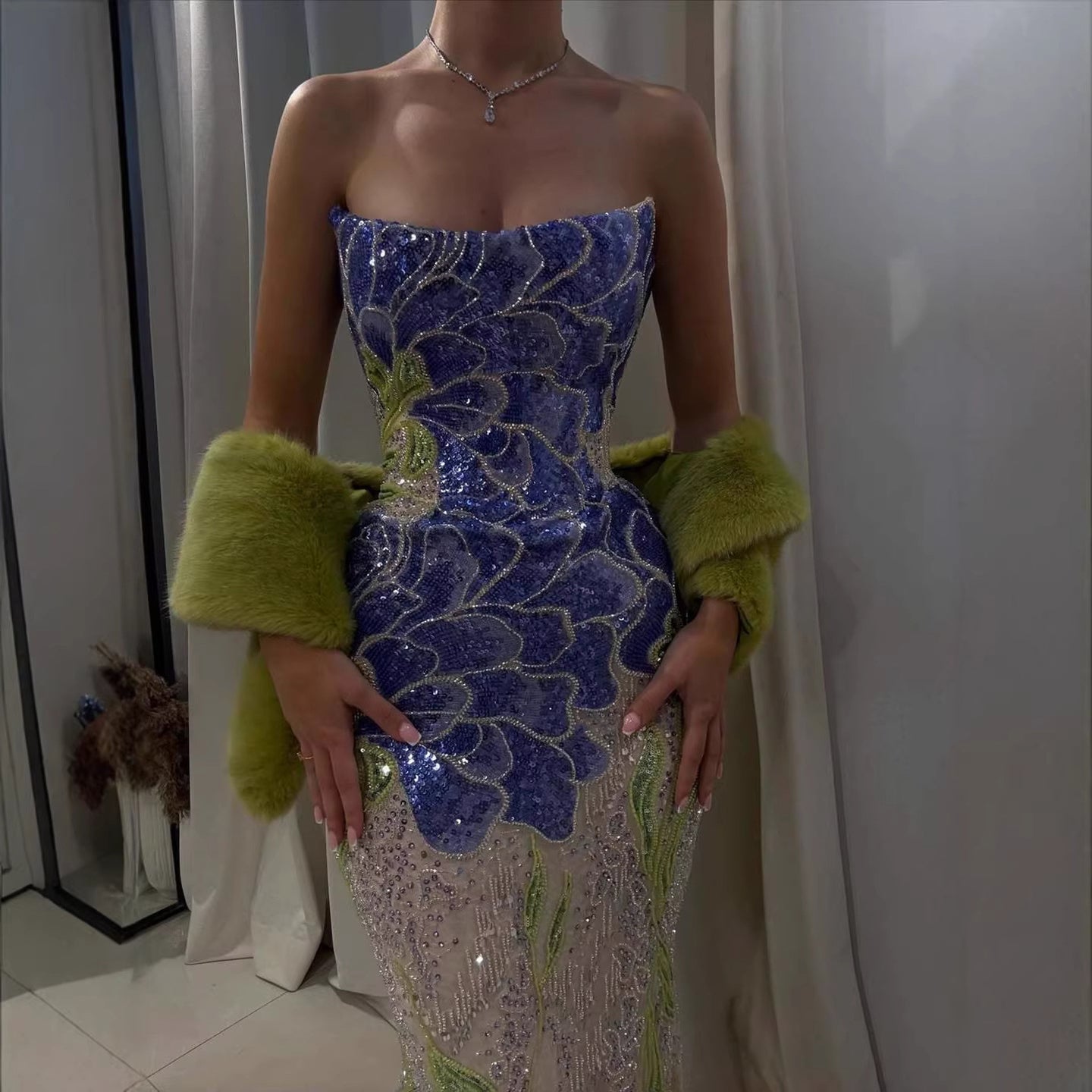 Luxury Blue Strapless Beaded Mermaid Evening Dress LA73538