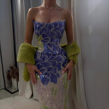 Luxury Blue Strapless Beaded Mermaid Evening Dress LA73538