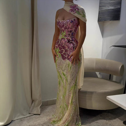 Luxury Orange  Flower Evening Prom Dress with Scarf LA73538A