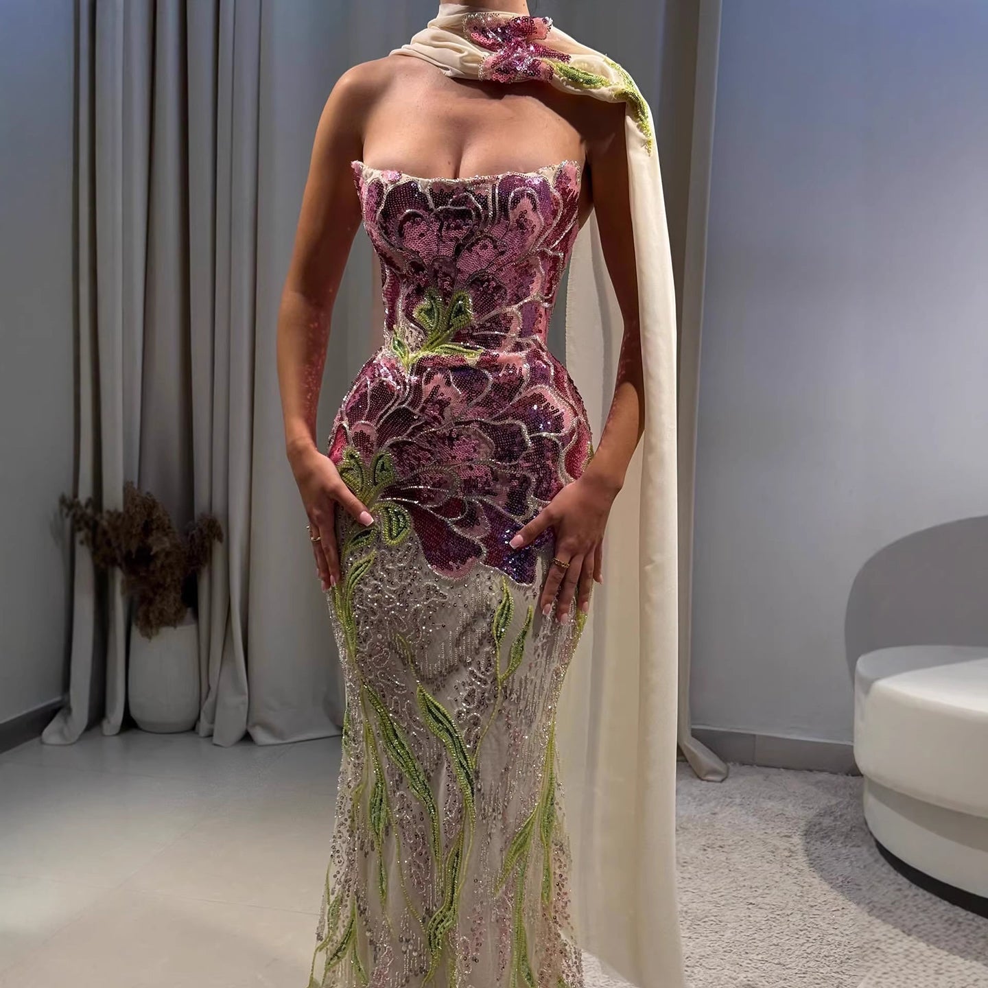 Luxury Orange  Flower Evening Prom Dress with Scarf LA73538A