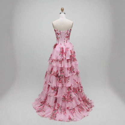 Luxury Pink Floral Print Corset Ruffle A-Line Prom Dress LA73541