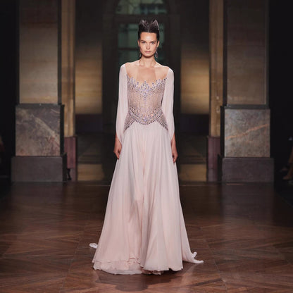 Luxury Nude Pink Crystal Beaded Evening Dress With Cape Sleeves LA73543
