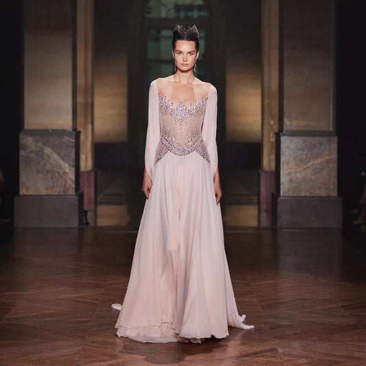 Luxury Nude Pink Crystal Beaded Evening Dress With Cape Sleeves LA73543
