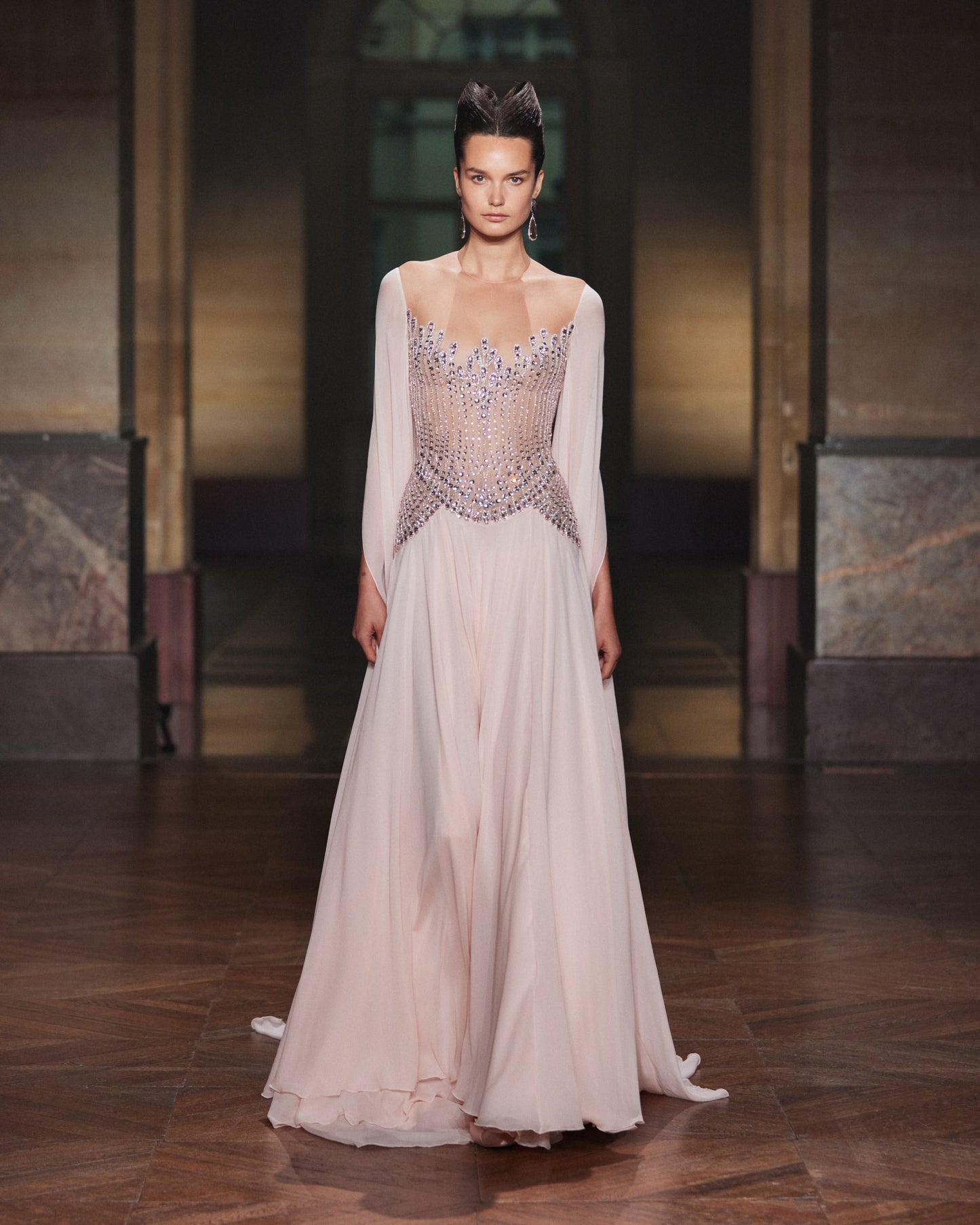 Luxury Champagne Crystal Beaded Evening Dress With Cape Sleeves LA73543