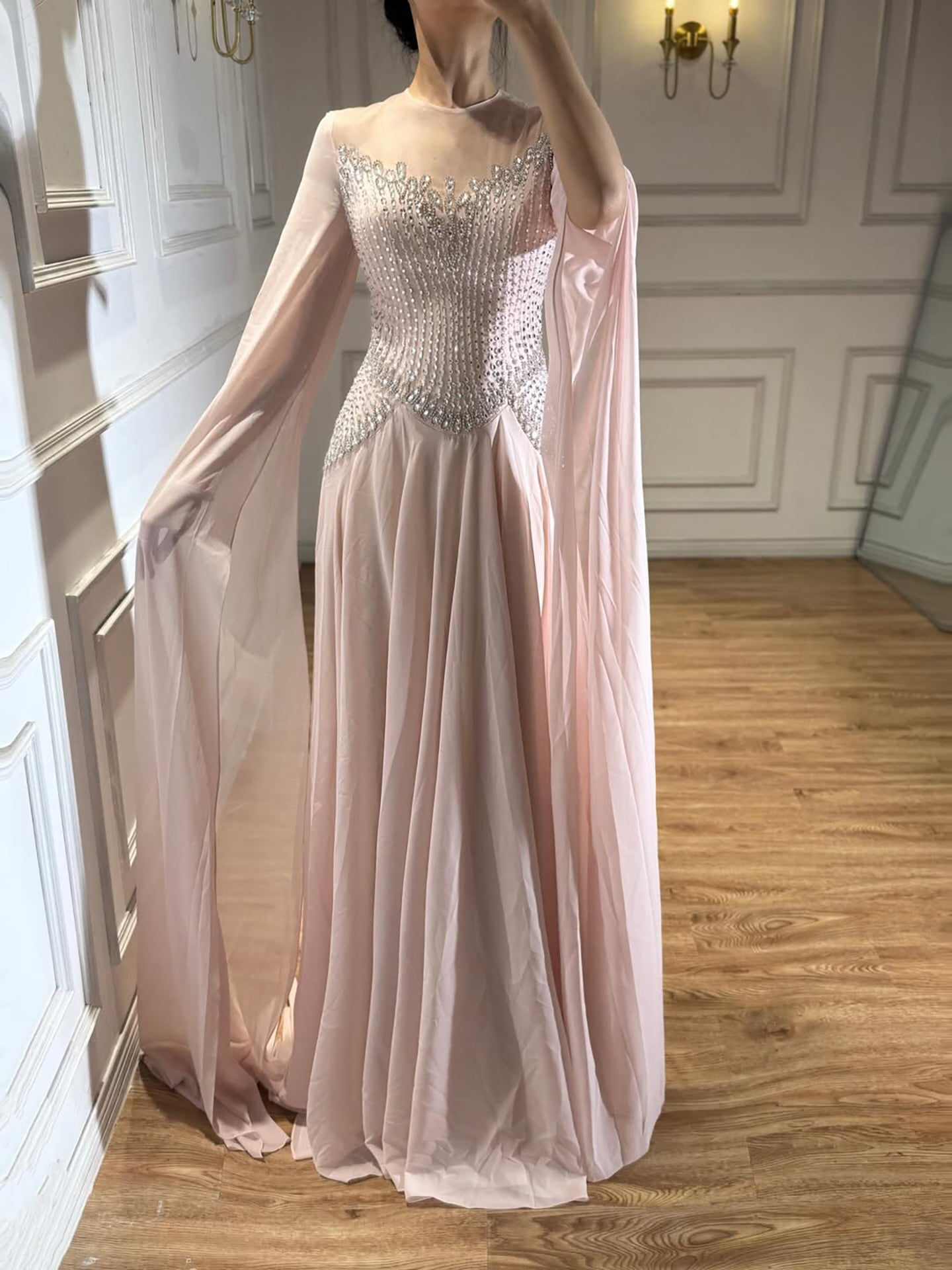 Luxury Nude Pink Crystal Beaded Evening Dress With Cape Sleeves LA73543