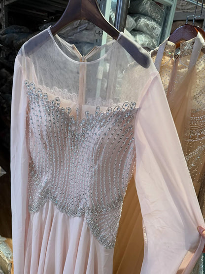 Luxury Nude Pink Crystal Beaded Evening Dress With Cape Sleeves LA73543