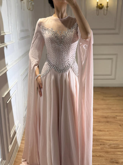 Luxury Nude Pink Crystal Beaded Evening Dress With Cape Sleeves LA73543