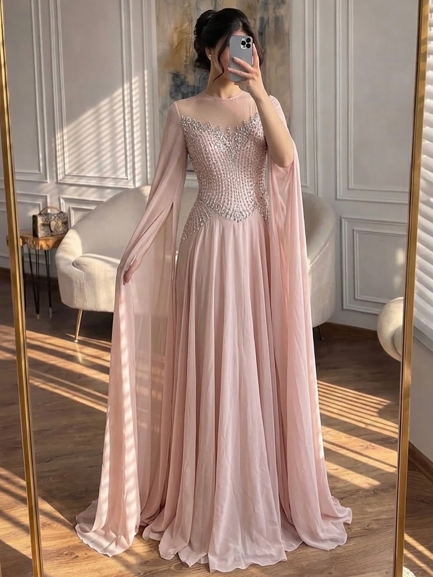 Luxury Nude Pink Crystal Beaded Evening Dress With Cape Sleeves LA73543