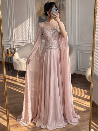 Luxury Nude Pink Crystal Beaded Evening Dress With Cape Sleeves LA73543