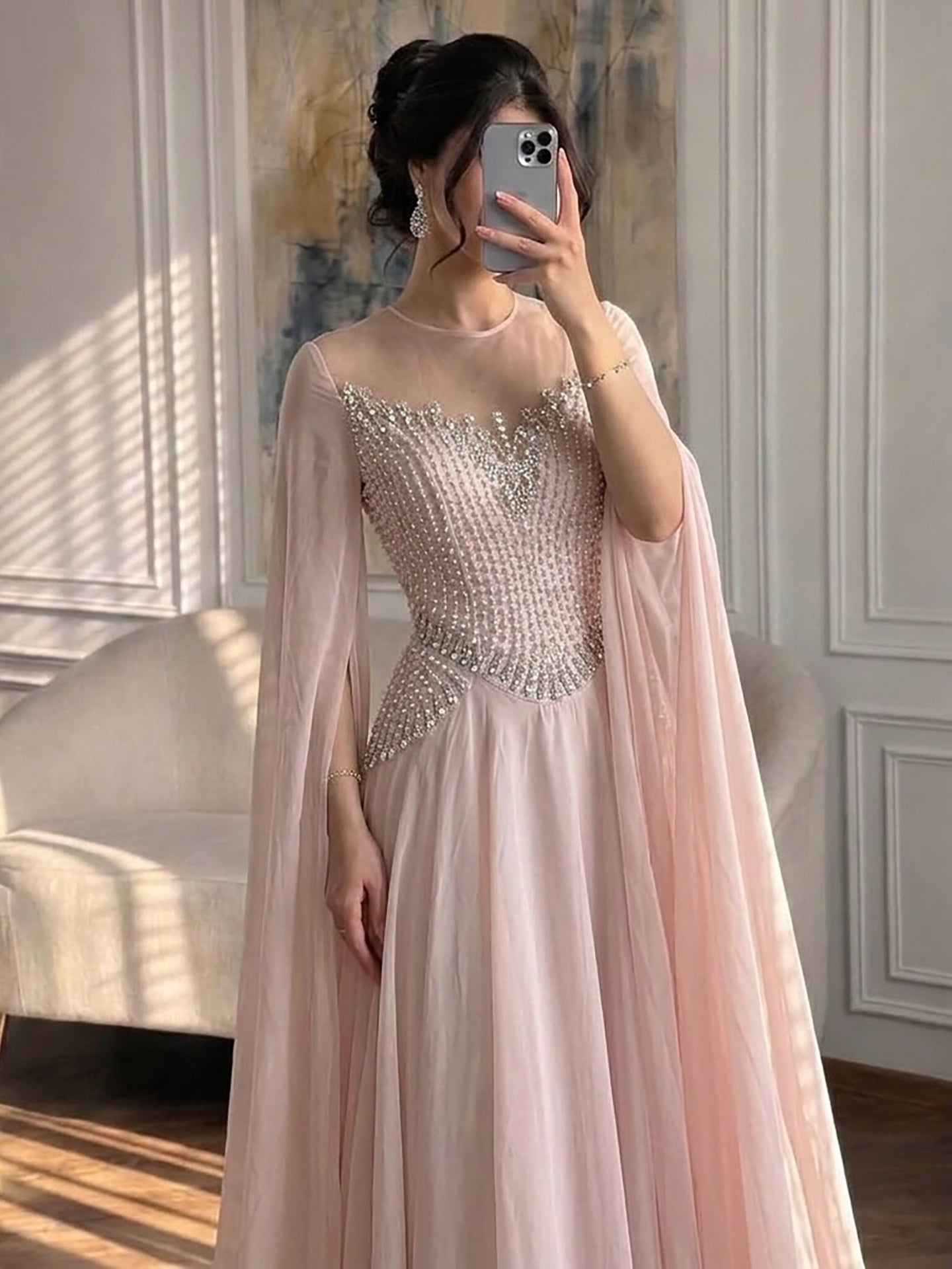 Luxury Nude Pink Crystal Beaded Evening Dress With Cape Sleeves LA73543