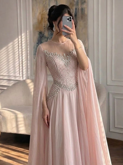 Luxury Nude Pink Crystal Beaded Evening Dress With Cape Sleeves LA73543