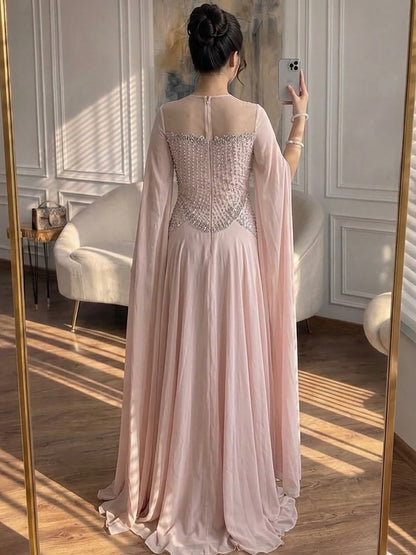 Luxury Nude Pink Crystal Beaded Evening Dress With Cape Sleeves LA73543