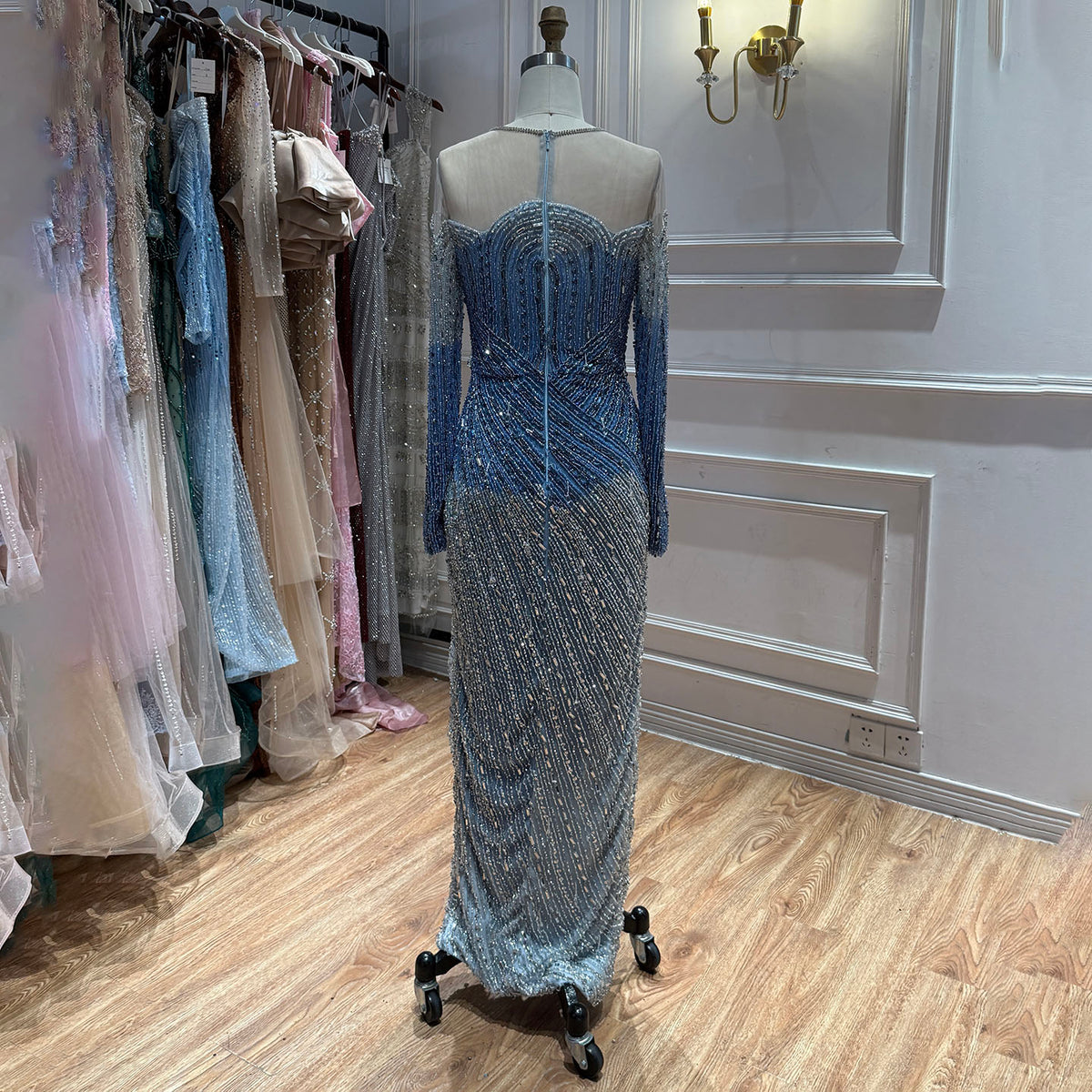 Luxury Blue Crystal Beaded Mermaid Evening Dress For Formal Wedding Party LA73544