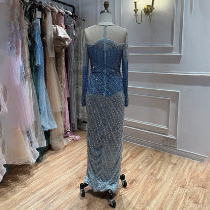 Luxury Blue Crystal Beaded Mermaid Evening Dress For Formal Wedding Party LA73544