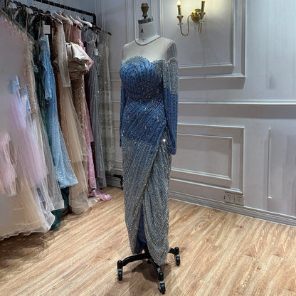 Luxury Blue Crystal Beaded Mermaid Evening Dress For Formal Wedding Party LA73544