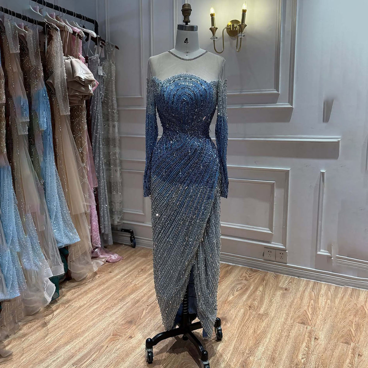 Luxury Blue Crystal Beaded Mermaid Evening Dress For Formal Wedding Party LA73544