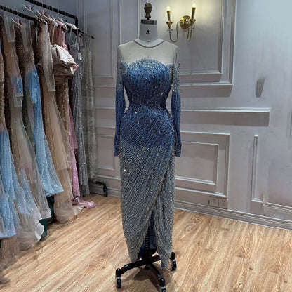 Luxury Blue Crystal Beaded Mermaid Evening Dress For Formal Wedding Party LA73544