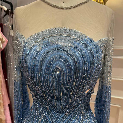 Luxury Blue Crystal Beaded Mermaid Evening Dress For Formal Wedding Party LA73544